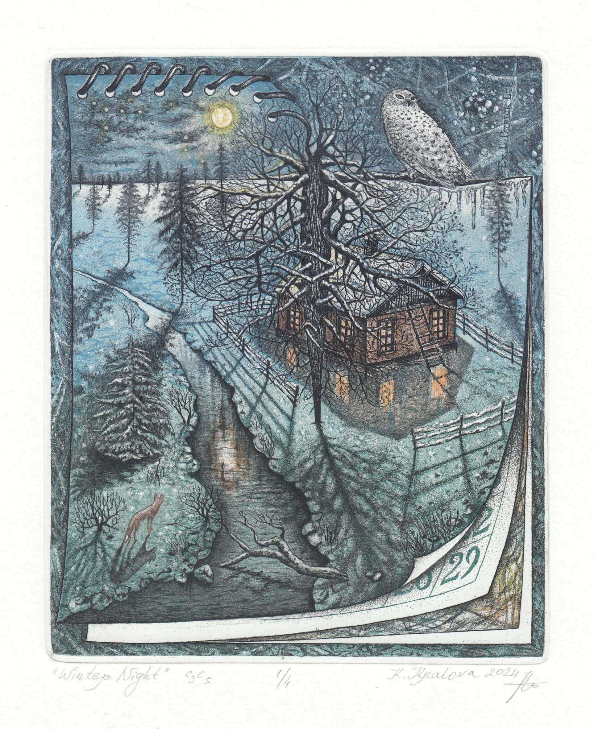 Exslbris „Winter Night“ by K. Kraleva: house under a snowy tree, owl and fox on a winter night
